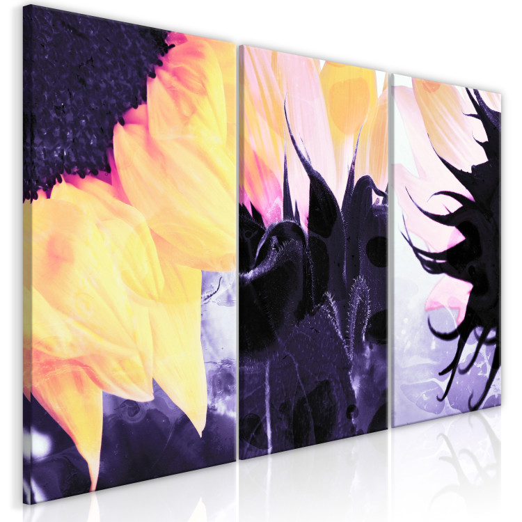 Canvas Triptych with sunflowers - fragments of flowers on purple background 124410 additionalImage 2