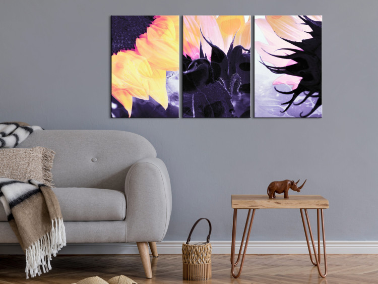Canvas Triptych with sunflowers - fragments of flowers on purple background 124410 additionalImage 3