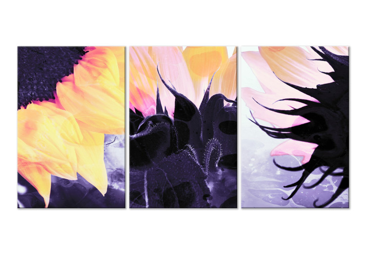 Canvas Triptych with sunflowers - fragments of flowers on purple background 124410
