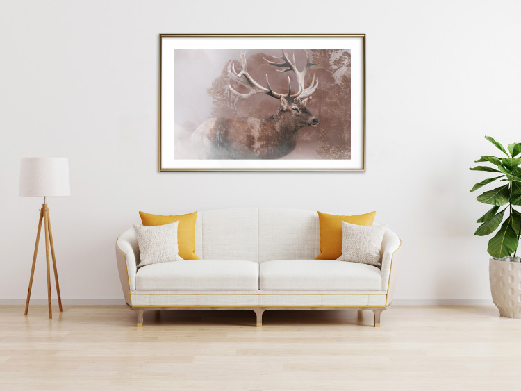 Poster Deer - warm-colored composition with a horned animal against a forest background 137010 additionalImage 11