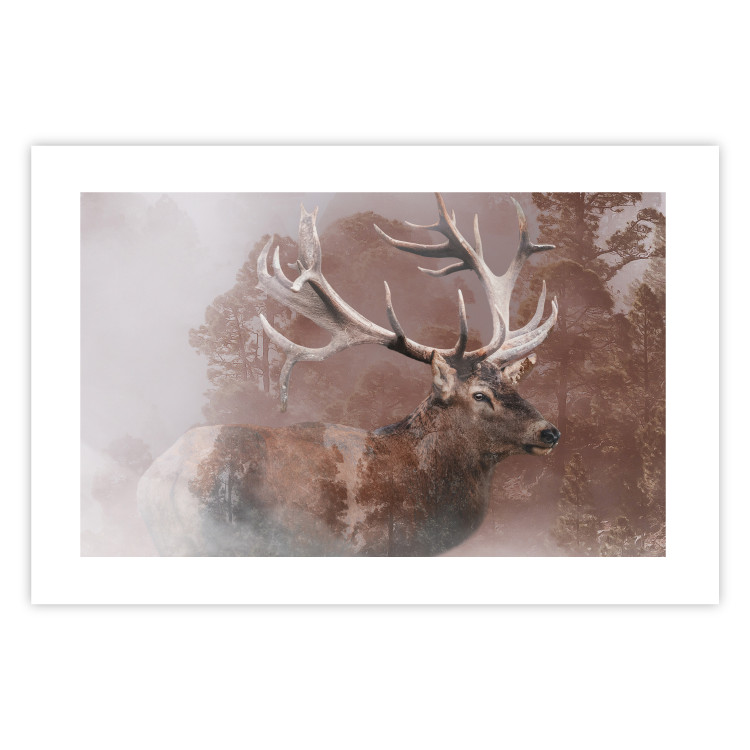 Poster Deer - warm-colored composition with a horned animal against a forest background 137010 additionalImage 9