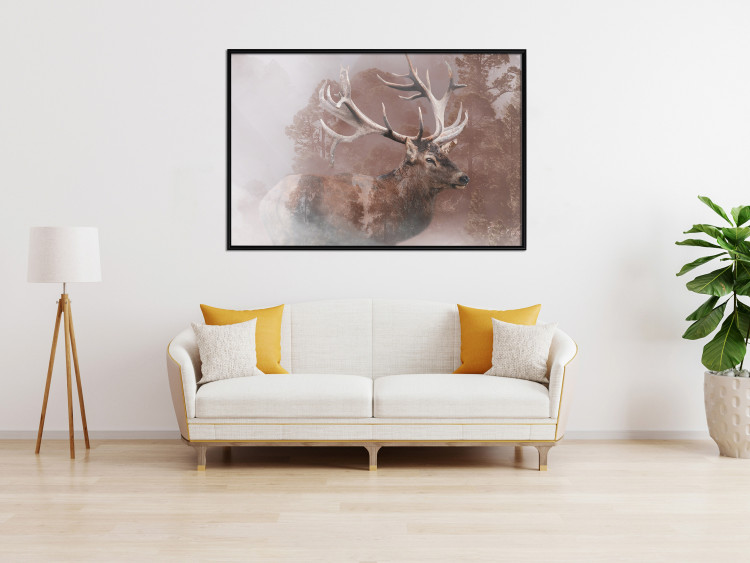 Poster Deer - warm-colored composition with a horned animal against a forest background 137010 additionalImage 14