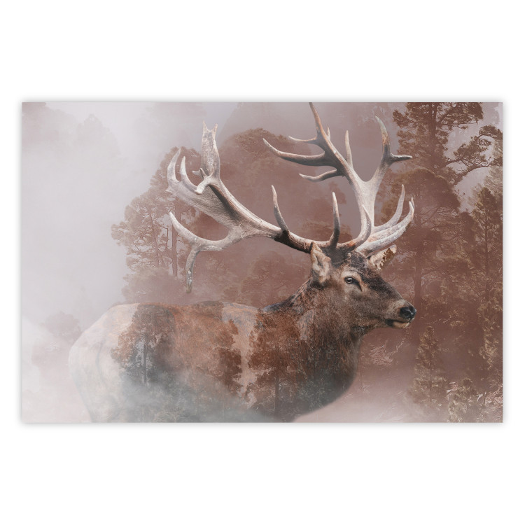Poster Deer - warm-colored composition with a horned animal against a forest background 137010