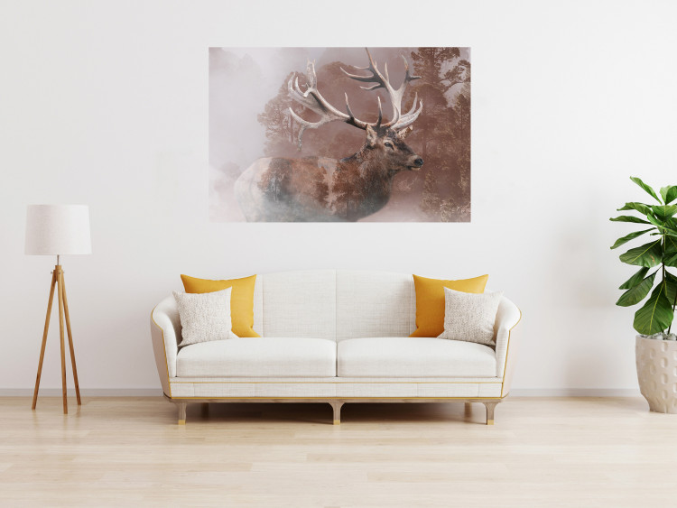 Poster Deer - warm-colored composition with a horned animal against a forest background 137010 additionalImage 16
