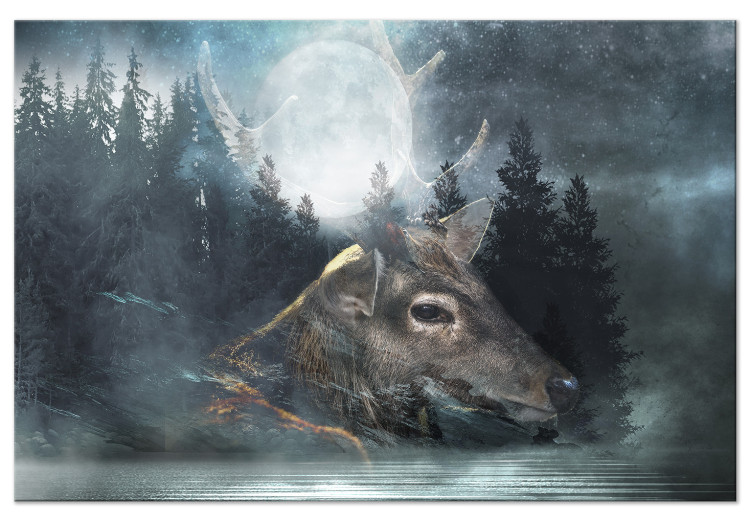 Canvas Print Rising Moon (1-piece) wide - deer and Luna against forest backdrop 138510