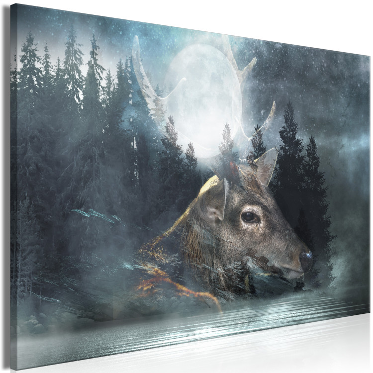 Canvas Print Rising Moon (1-piece) wide - deer and Luna against forest backdrop 138510 additionalImage 2
