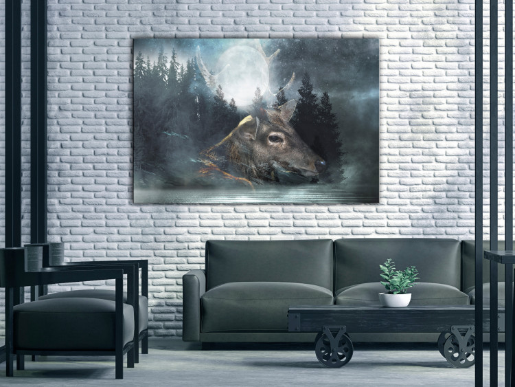 Canvas Print Rising Moon (1-piece) wide - deer and Luna against forest backdrop 138510 additionalImage 3
