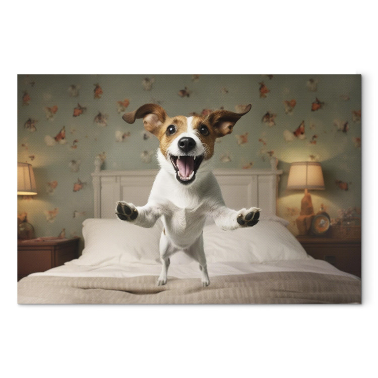 Canvas Art Print AI Dog Jack Russell Terrier - Joyful Animal Jumping From Bed Into Owner’s Arms - Horizontal 150210