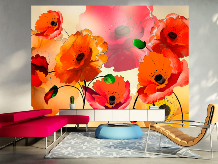 Photo Wallpaper Velvety Poppies - Abstraction of Poppy Flowers in Energetic Colours 60410