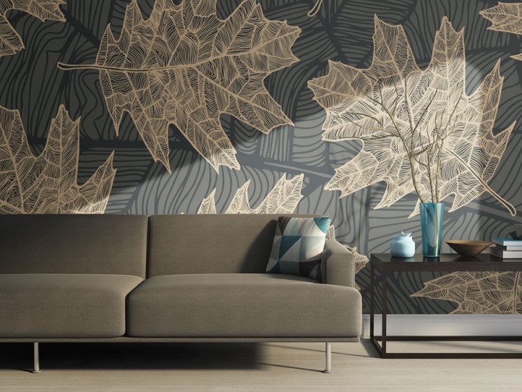 Wall Mural Sleeping Autumn - Abstraction with Leaves on Dark Background with Plant Pattern 60810