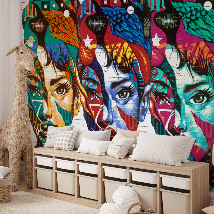 Wall Mural Female Silhouettes - Three colorful female faces in a patchwork style 61910 additionalImage 6