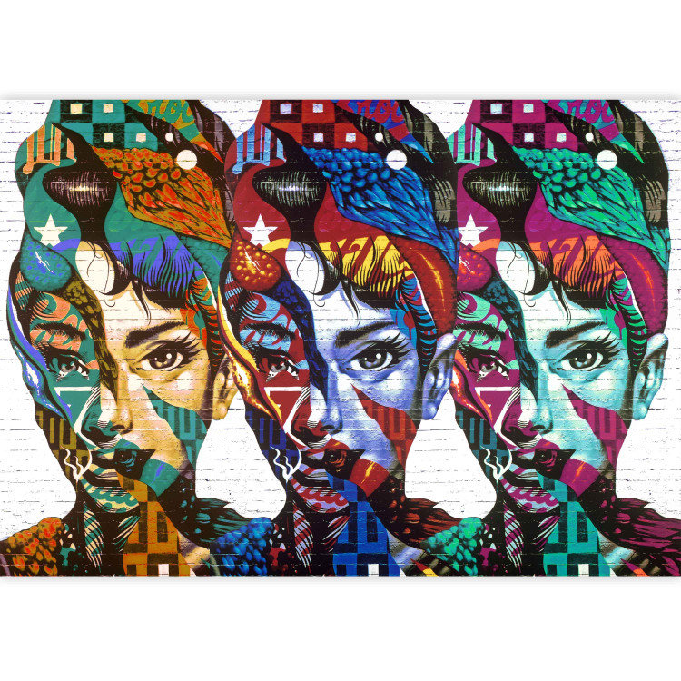Wall Mural Female Silhouettes - Three colorful female faces in a patchwork style 61910 additionalImage 3