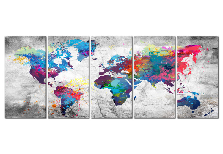 Canvas Art Print World Map: Spilled Paint (5-piece) - Colorful World and Gray Background 105020