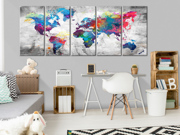 Canvas Art Print World Map: Spilled Paint (5-piece) - Colorful World and Gray Background 105020 additionalImage 3