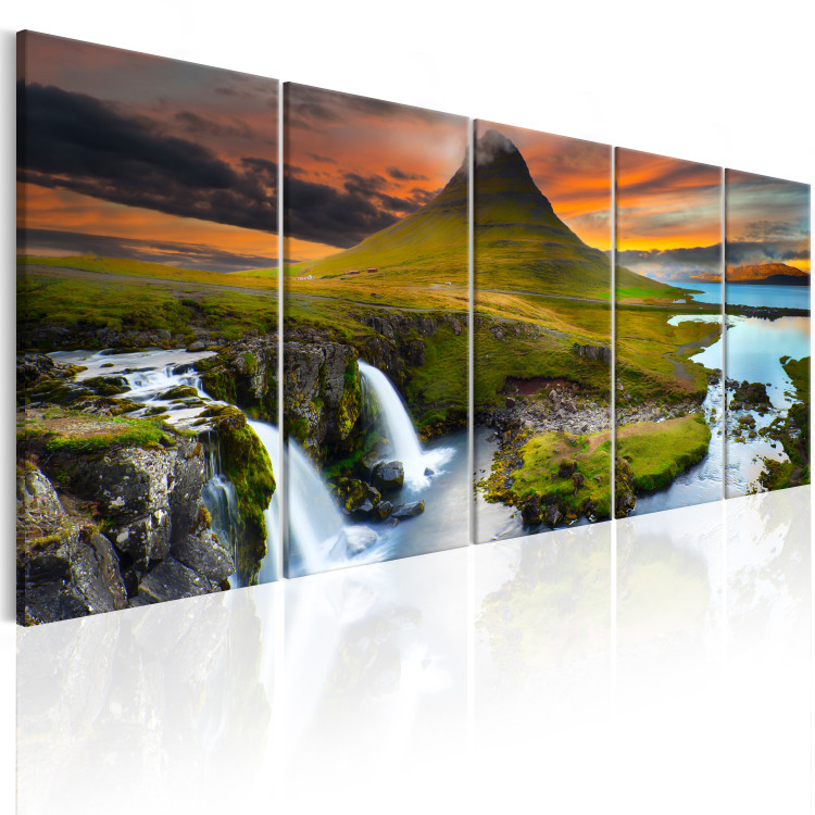 Canvas Art Print Wonderful Iceland (5-piece) - Waterfall amidst Green Landscape 105620 additionalImage 2
