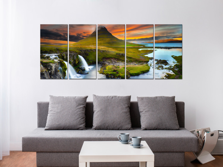 Canvas Art Print Wonderful Iceland (5-piece) - Waterfall amidst Green Landscape 105620 additionalImage 3