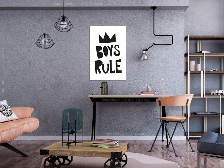 Canvas Art Print Boys Rule (1-part) - Black and White Graphic Design with a Crown 114720 additionalImage 3