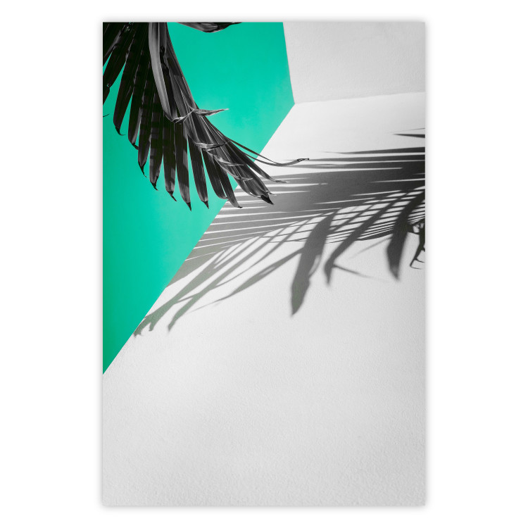 Poster Twig shadow - geometric abstraction with a palm leaf and green hue 115120