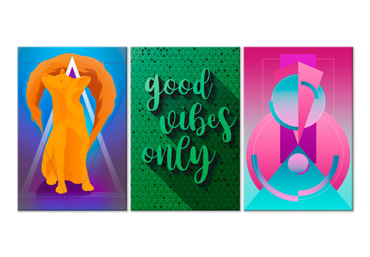 Canvas Print Good Vibrations (3-part) - Colorful Abstraction with Fox and Inscriptions 118420