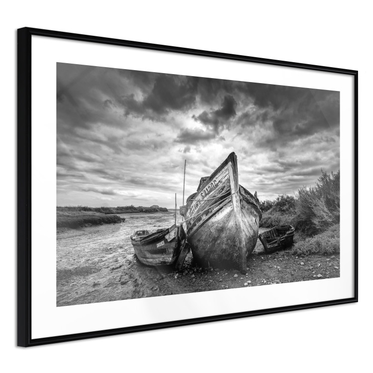 Poster Journey into Nature - black and white abandoned boat against sky and clouds 138720 additionalImage 6