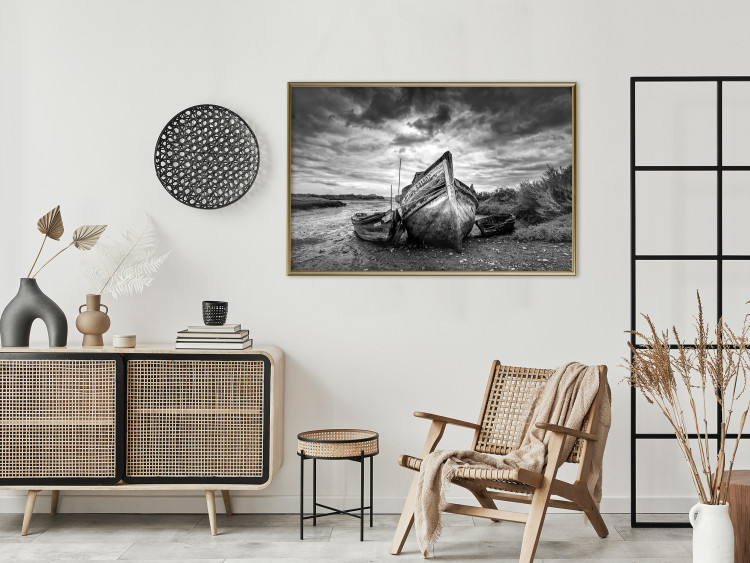 Poster Journey into Nature - black and white abandoned boat against sky and clouds 138720 additionalImage 4