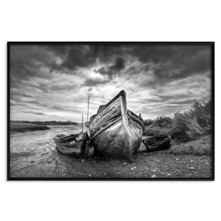 Poster Journey into Nature - black and white abandoned boat against sky and clouds 138720 additionalImage 20