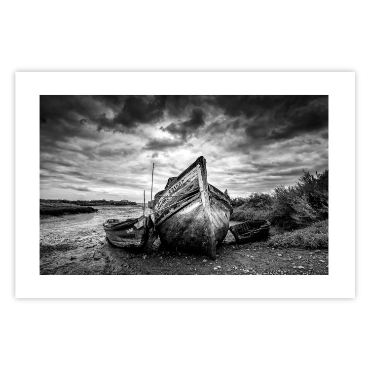 Poster Journey into Nature - black and white abandoned boat against sky and clouds 138720 additionalImage 19