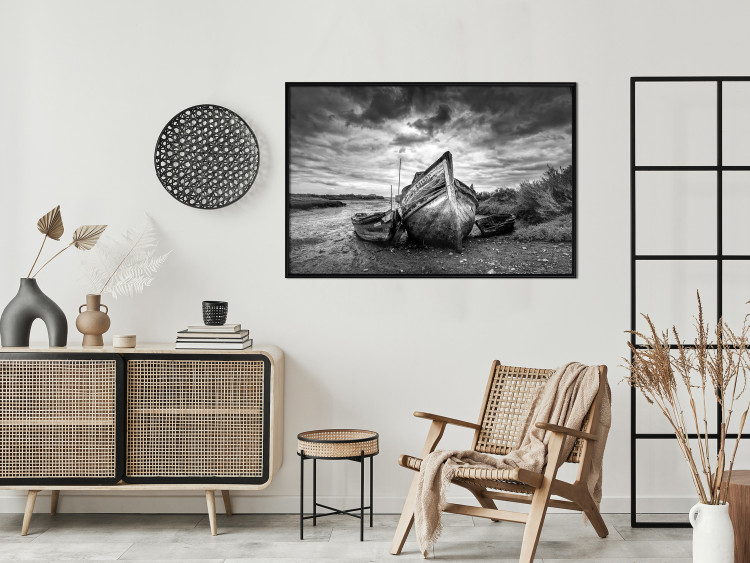 Poster Journey into Nature - black and white abandoned boat against sky and clouds 138720 additionalImage 18