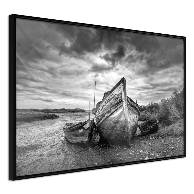 Poster Journey into Nature - black and white abandoned boat against sky and clouds 138720 additionalImage 8