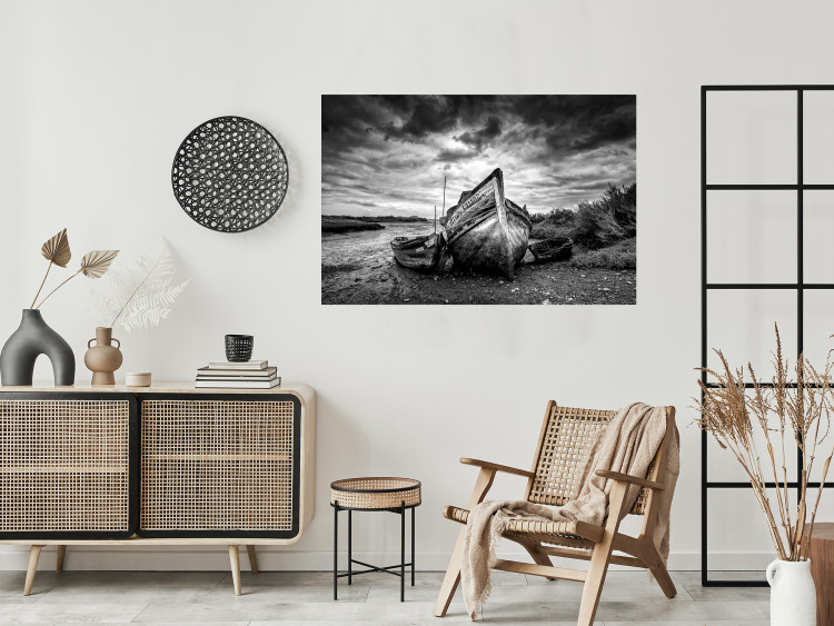 Poster Journey into Nature - black and white abandoned boat against sky and clouds 138720 additionalImage 7