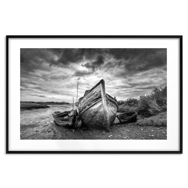 Poster Journey into Nature - black and white abandoned boat against sky and clouds 138720 additionalImage 15