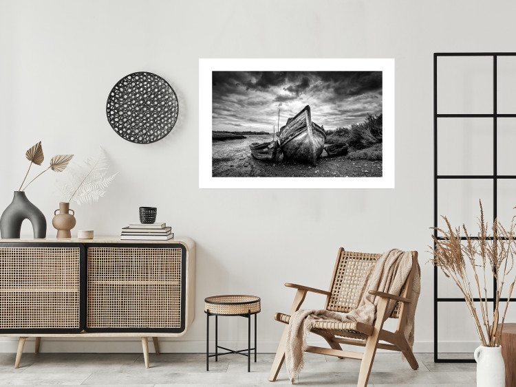 Poster Journey into Nature - black and white abandoned boat against sky and clouds 138720 additionalImage 5