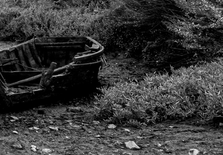 Poster Journey into Nature - black and white abandoned boat against sky and clouds 138720 additionalImage 9