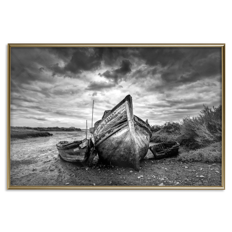 Poster Journey into Nature - black and white abandoned boat against sky and clouds 138720 additionalImage 17