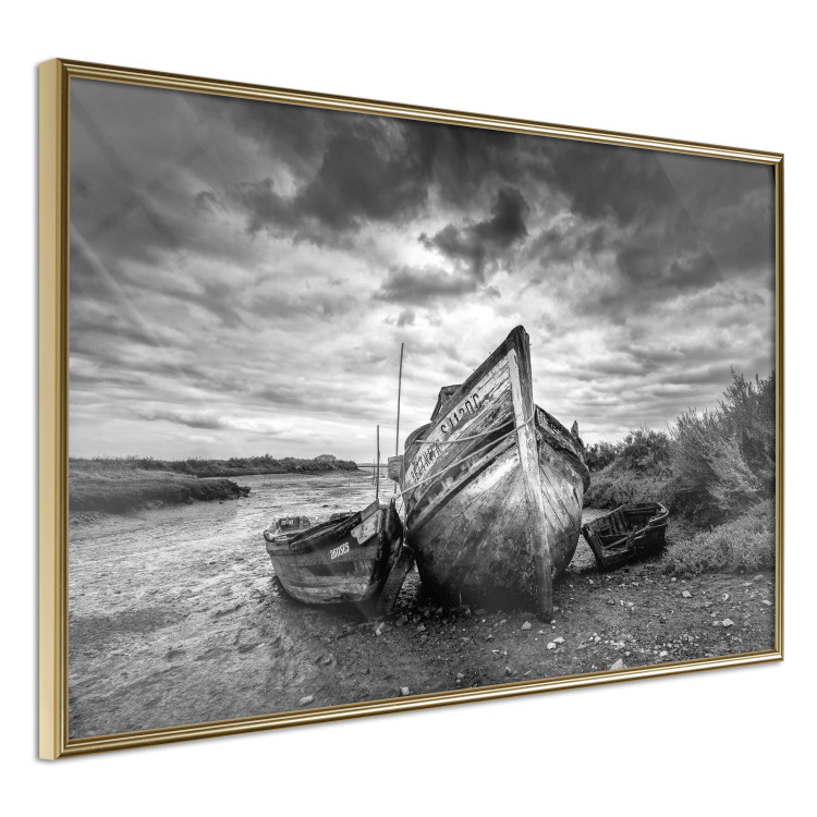 Poster Journey into Nature - black and white abandoned boat against sky and clouds 138720 additionalImage 3