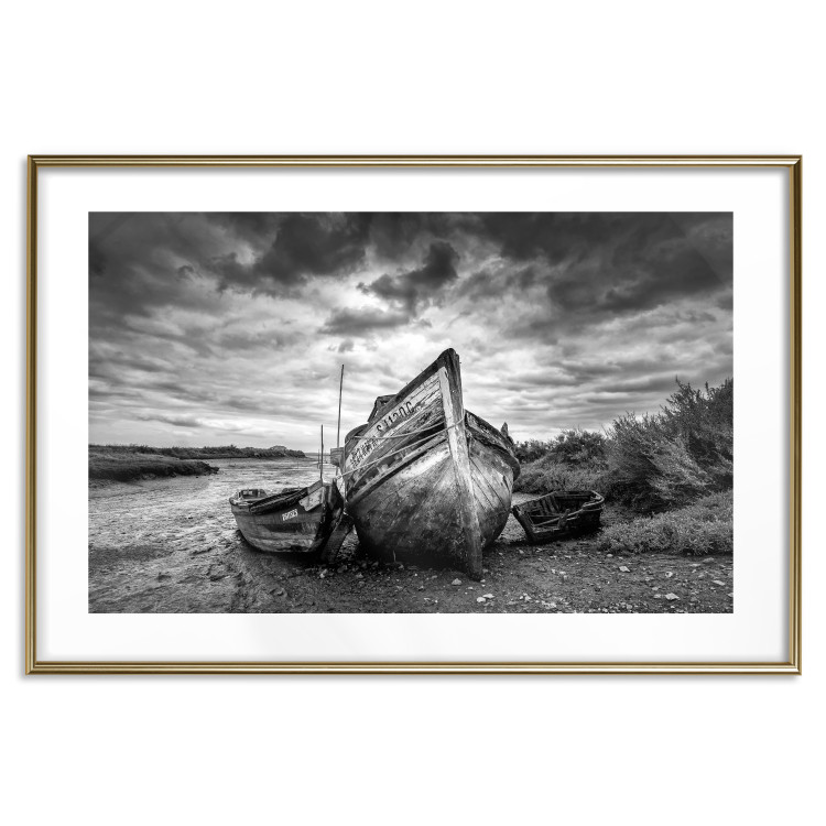Poster Journey into Nature - black and white abandoned boat against sky and clouds 138720 additionalImage 14