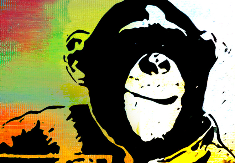 Canvas Art Print Monkey with Banana (1-piece) - Banksy-style mural on a colorful background 148920 additionalImage 5