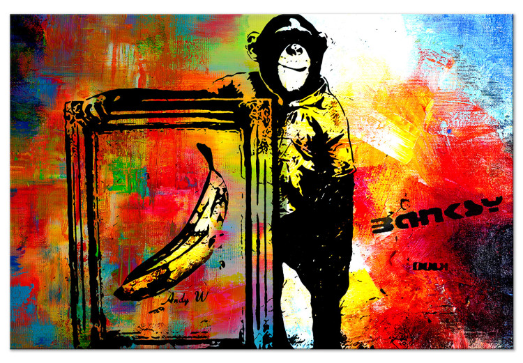 Canvas Art Print Monkey with Banana (1-piece) - Banksy-style mural on a colorful background 148920