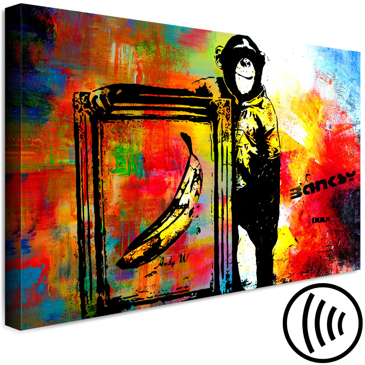 Canvas Art Print Monkey with Banana (1-piece) - Banksy-style mural on a colorful background 148920 additionalImage 6