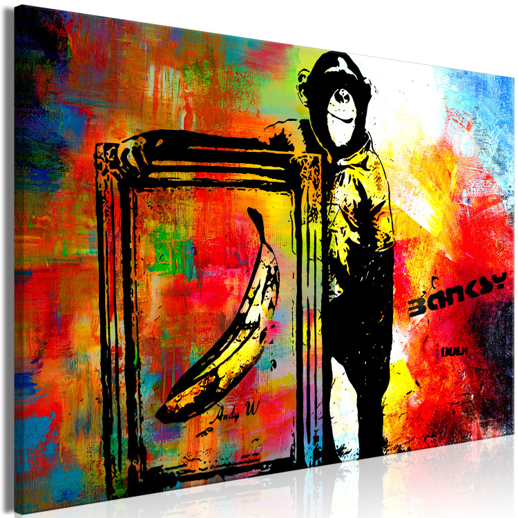 Canvas Art Print Monkey with Banana (1-piece) - Banksy-style mural on a colorful background 148920 additionalImage 2