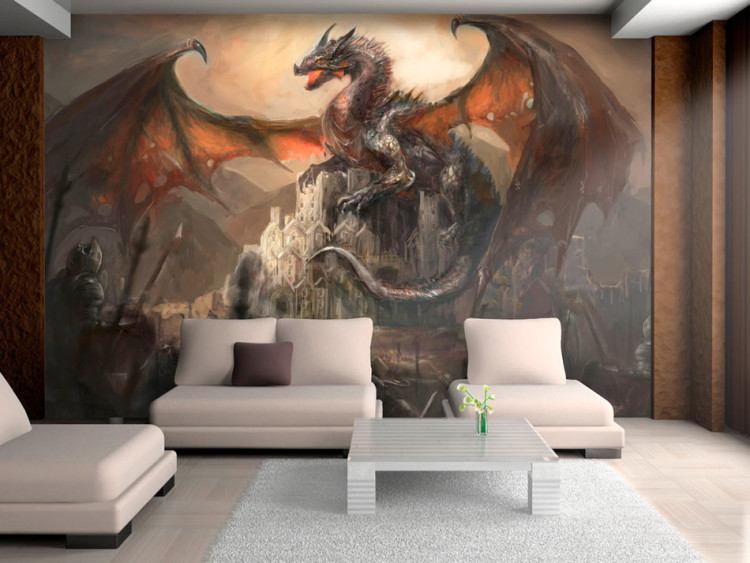 Wall Mural Dragon Castle - children's fantasy with a dragon on a castle and a knight 59720
