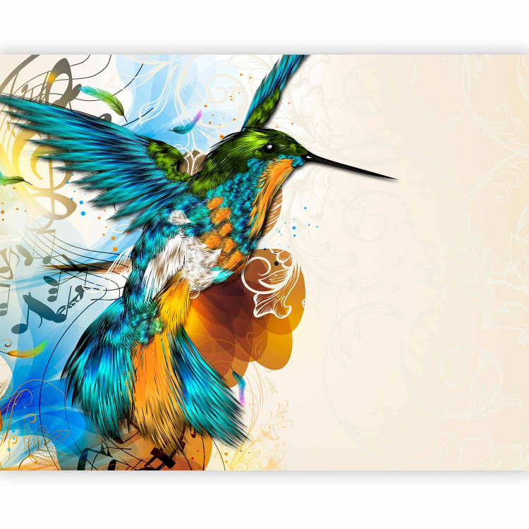 Photo Wallpaper Colorful Hummingbird - Fantasy with musical notes on a beige background with patterns 61320 additionalImage 1