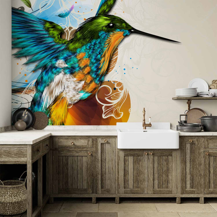 Photo Wallpaper Colorful Hummingbird - Fantasy with musical notes on a beige background with patterns 61320 additionalImage 6