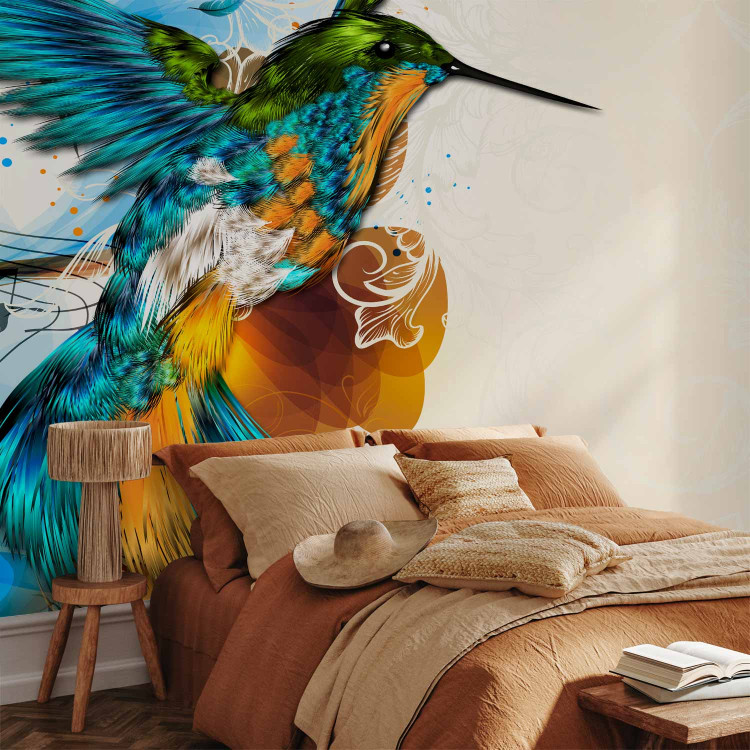Photo Wallpaper Colorful Hummingbird - Fantasy with musical notes on a beige background with patterns 61320 additionalImage 2