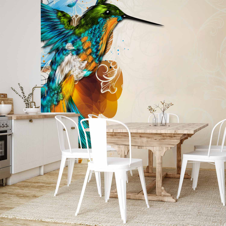 Photo Wallpaper Colorful Hummingbird - Fantasy with musical notes on a beige background with patterns 61320 additionalImage 7