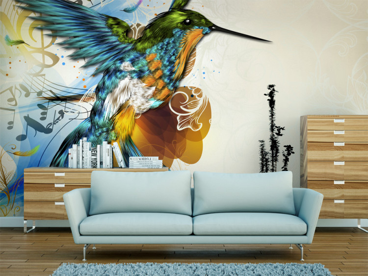 Photo Wallpaper Colorful Hummingbird - Fantasy with musical notes on a beige background with patterns 61320