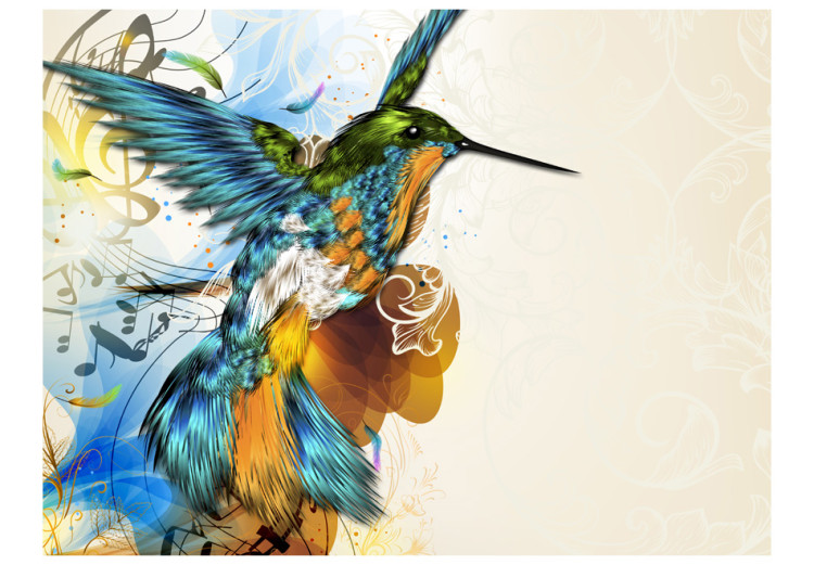 Photo Wallpaper Colorful Hummingbird - Fantasy with musical notes on a beige background with patterns 61320 additionalImage 1