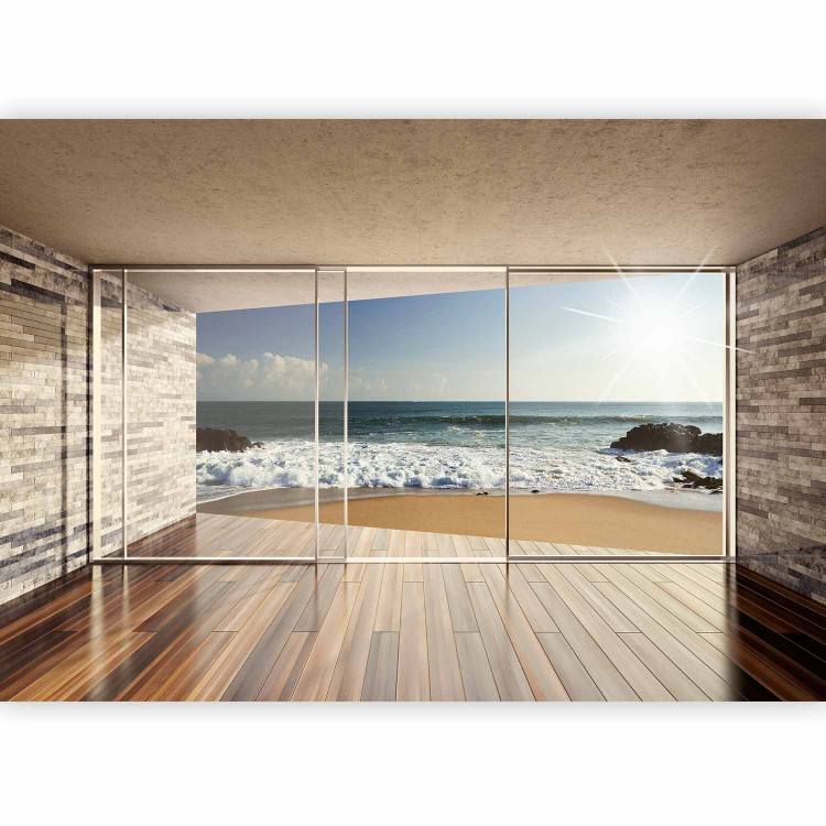 Photo Wallpaper Window with view - sandy beach with rocks and sun in the sky 64120 additionalImage 5