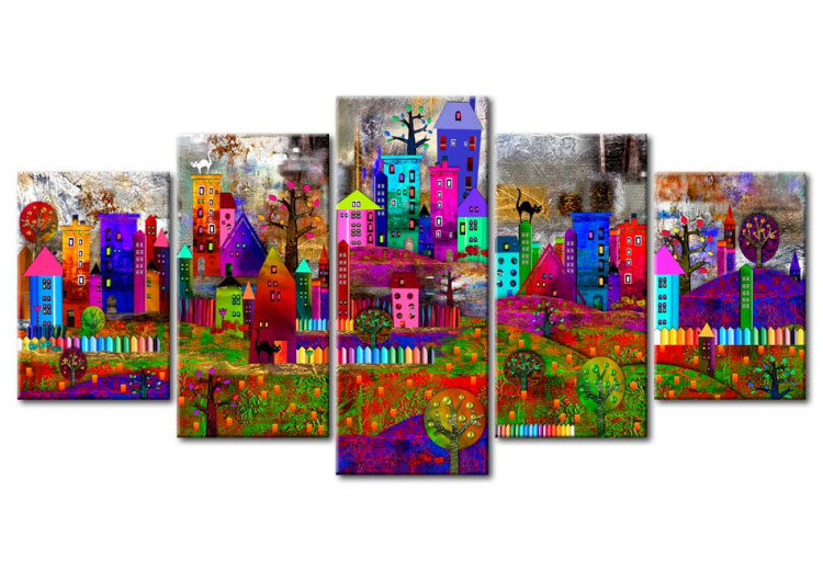 Canvas City of Expression (5-piece) - Colorful Houses and Fences in Pop Art Style 93720