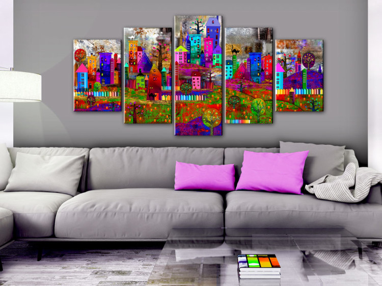Canvas City of Expression (5-piece) - Colorful Houses and Fences in Pop Art Style 93720 additionalImage 3